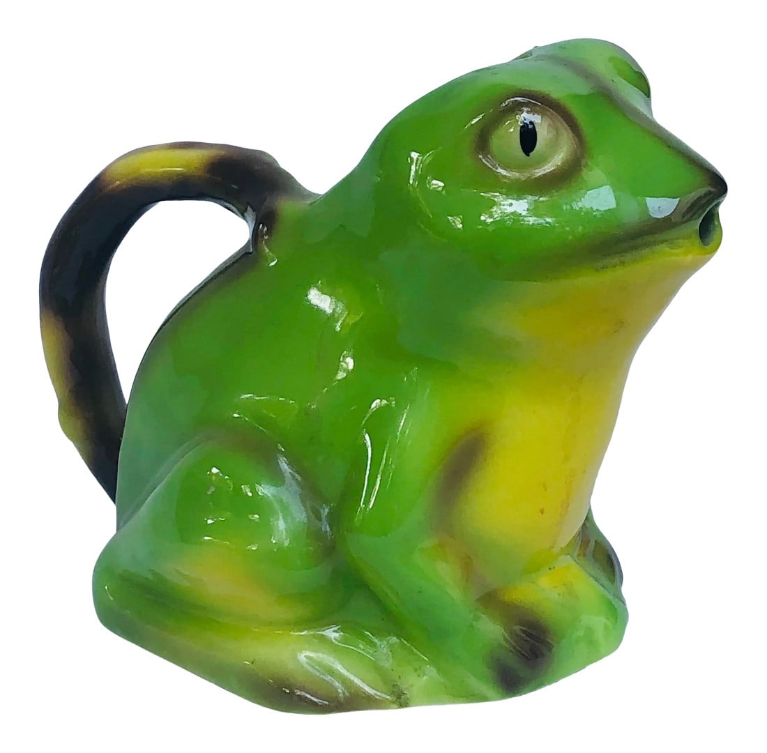 Tony Wood Staffordshire Style Pottery Frog Creamer: Tony Wood green pottery frog creamer. Circa 1982. England. Signed on the underside. Quite rare. Condition: Alterations: Original Condition Unaltered Imperfections: Some Imperfections Condition Notes: 