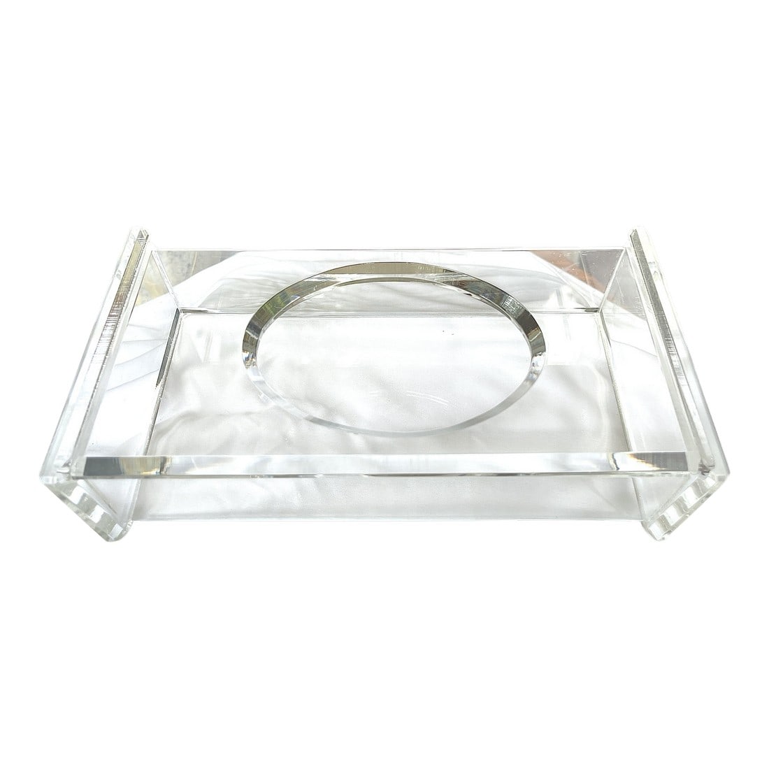 Vintage Crystal Clear Lucite Tissue Box Holder: Sleek and sculptural vintage lucite tissue box holder crafted from thick, crystal-clear acrylic. This minimalist piece features a beautifully beveled oval opening and a seamless box frame design that
