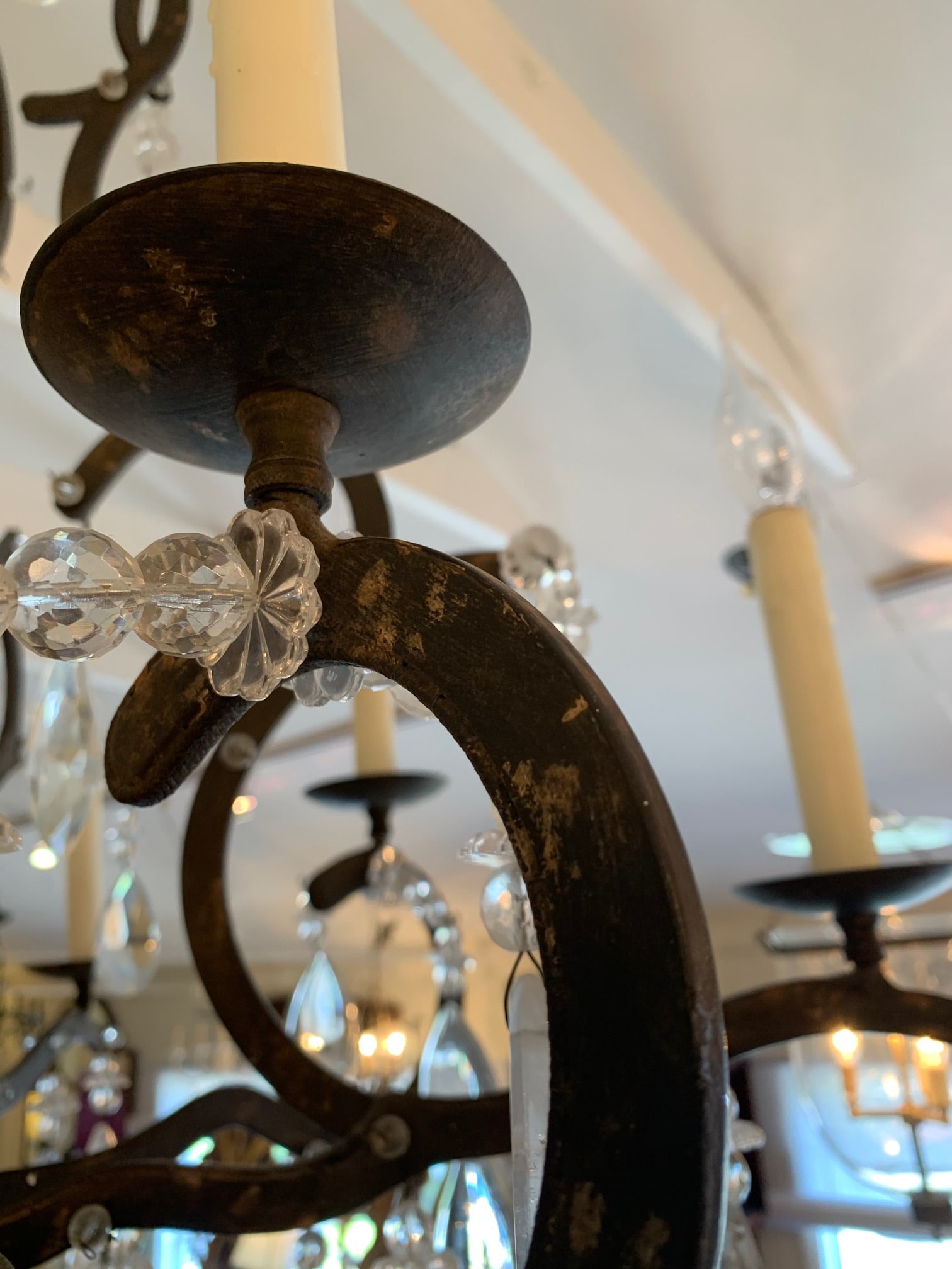 Large Wrought Iron and Crystal Adorned Chandelier - 11