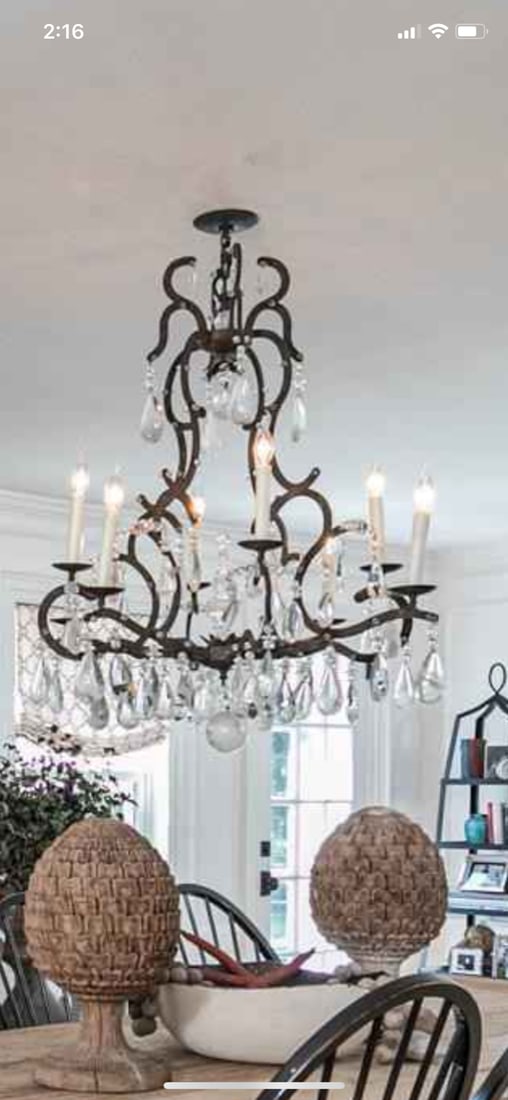 Large Wrought Iron and Crystal Adorned Chandelier - 5