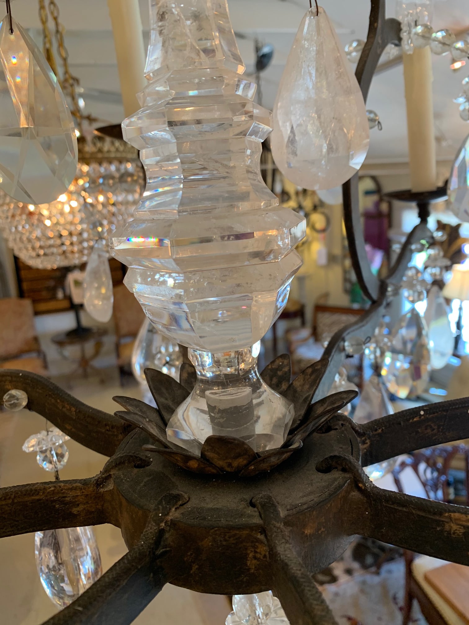 Large Wrought Iron and Crystal Adorned Chandelier - 8