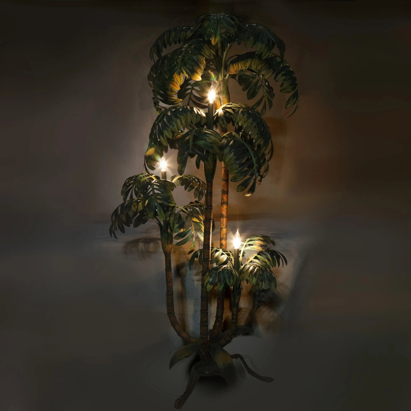 Vintage Tole Palm Tree Floor Lamp With Triple Trunk Design - 12