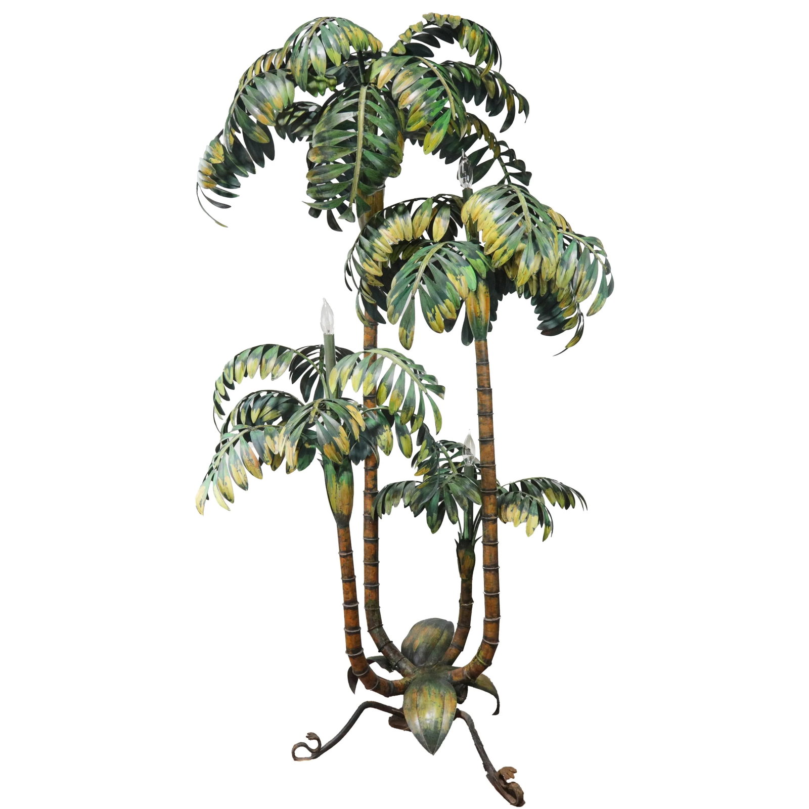 Vintage Tole Palm Tree Floor Lamp With Triple Trunk Design - 4