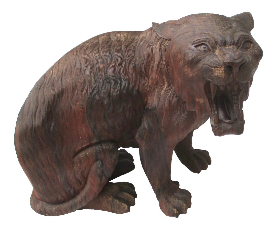 Antique Korean Rosewood Carved Tiger: Solid rosewood carving of Korean Tiger. Seated and growling with fangs bared. The fur is an extreme production of fine-combed surfaces. Massive attention to this pelt and the whole being carved like