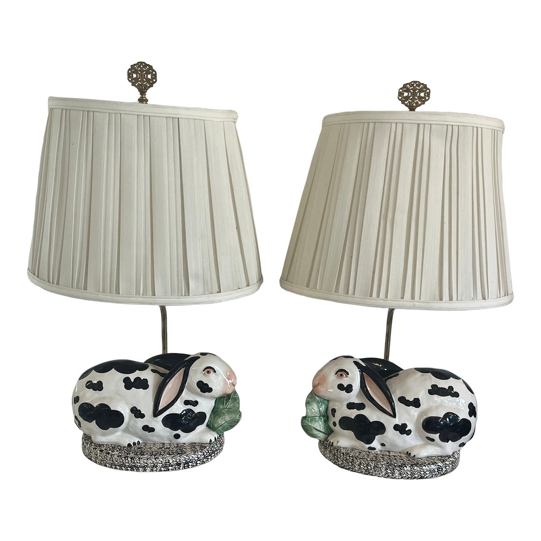 Pair of Chelsea House Porcelain Rabbits Mounted as Lamps With Finials & Shades: Pair of black and white Chelsea house porcelain rabbits mounted as lamps. With white pleated shades, and brass finials. 21 inches high to top of finial. Condition: Alterations: Original Condition