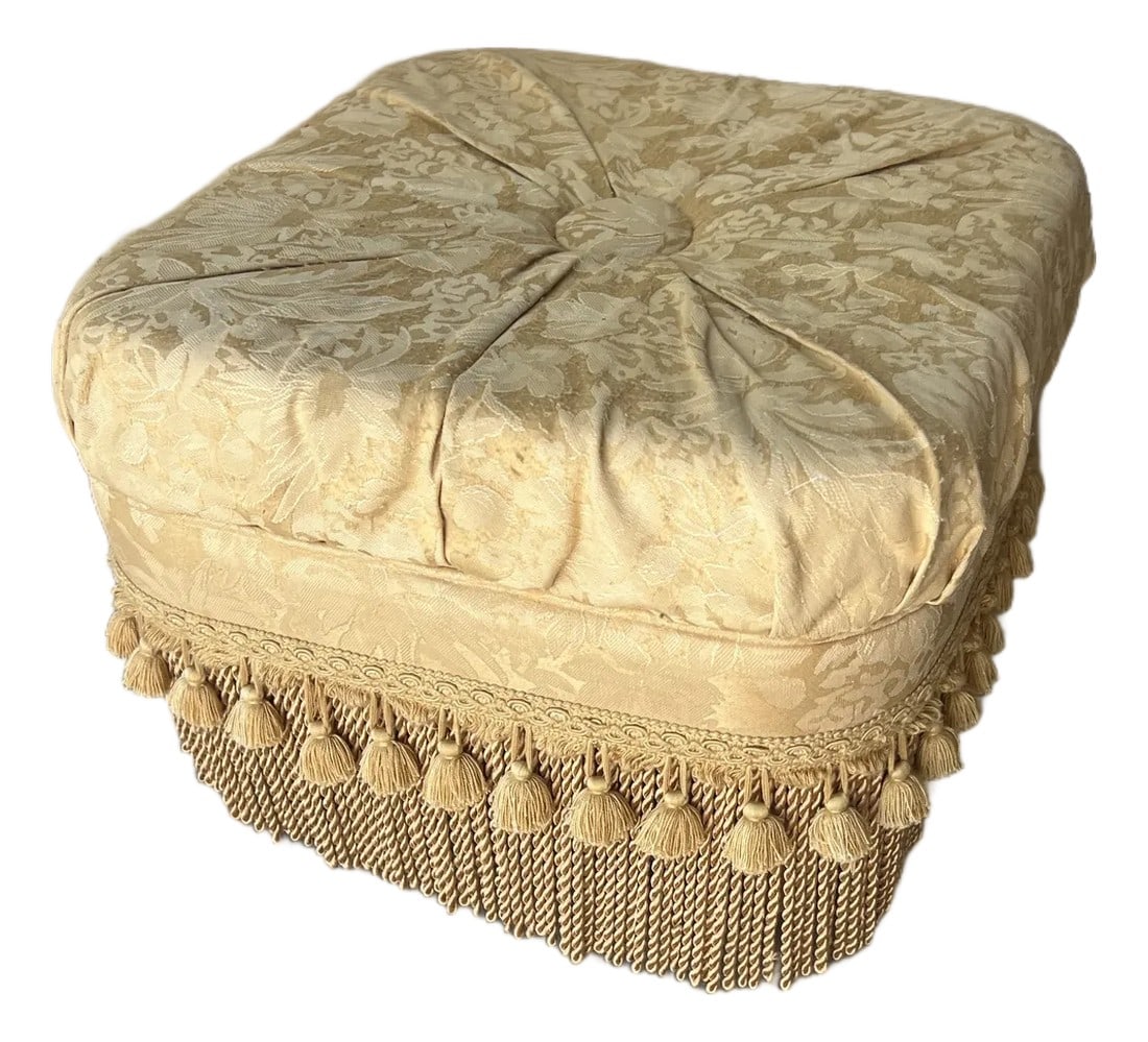 1970s Yellow Covered Ottoman With Tassels: Up for consideration is a beautiful yellow covered ottoman with tassels. This would look lovely on display in your home and it is a great find for the interior design enthusiast. Please check out my