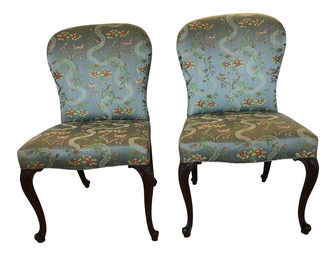 18th Century Georgian Side Chairs Dressed Up in Scalamandre Upholstery -A Pair: Superbly elegant pair of Georgian 18th century side chairs having mahogany cabriole legs terminating in snail shaped feet, horsehair stuffing in the seat, and more recent sumptuous Scalamandre silk