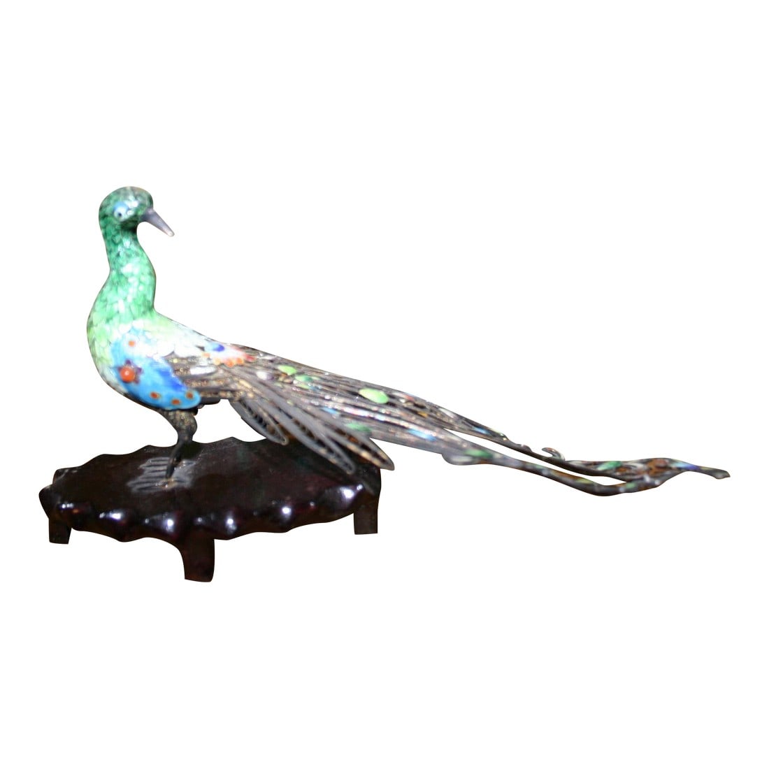Pair of 1930s Chinese Silver and Gold Enameled Peacocks: An amazing pair (2 pieces) of Chinese silver w/gold overlay filigree cloisonne peacocks. One bird has his tail feathers open and extended and the other has his feathered tail stretching out behind