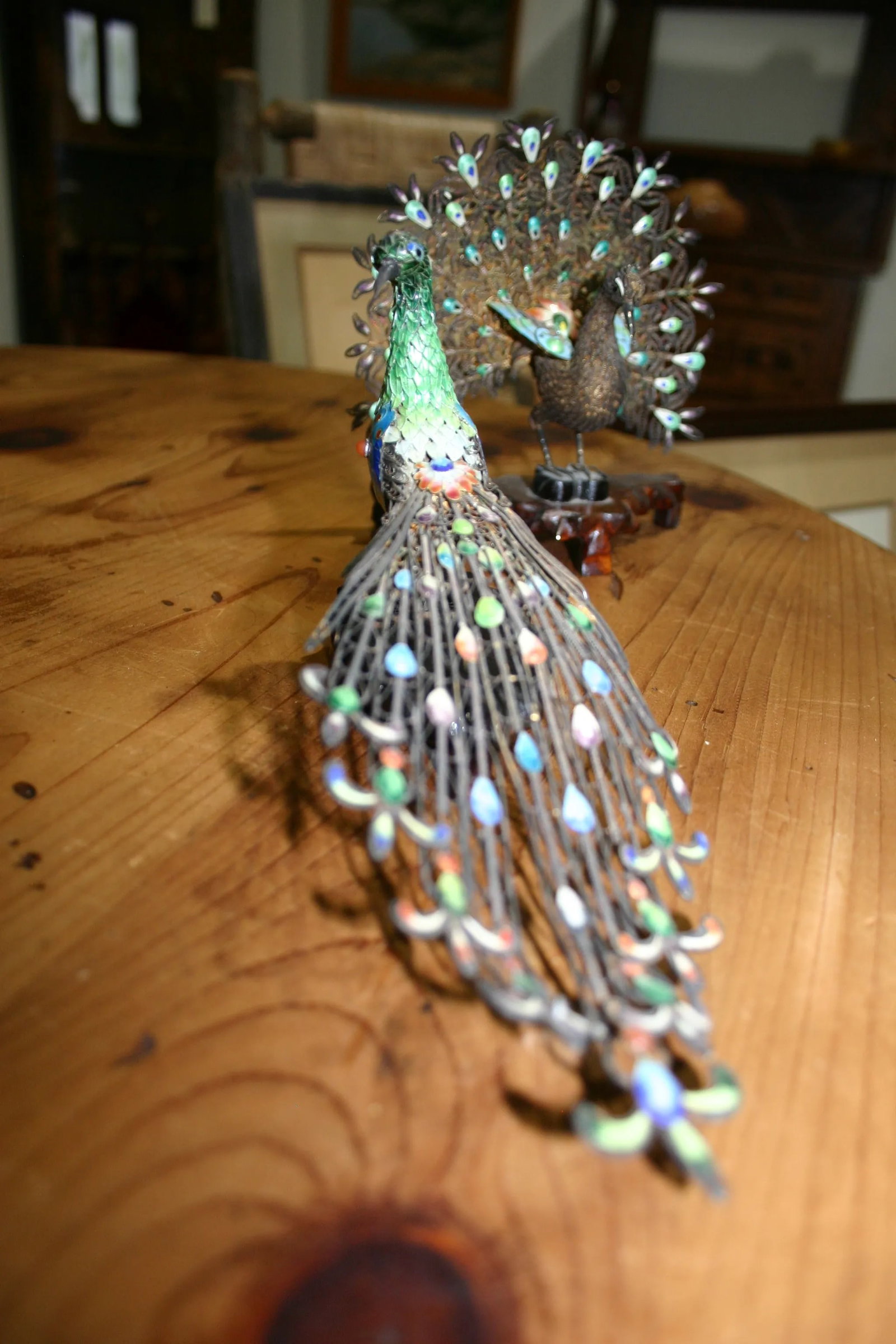 Pair of 1930s Chinese Silver and Gold Enameled Peacocks - 3