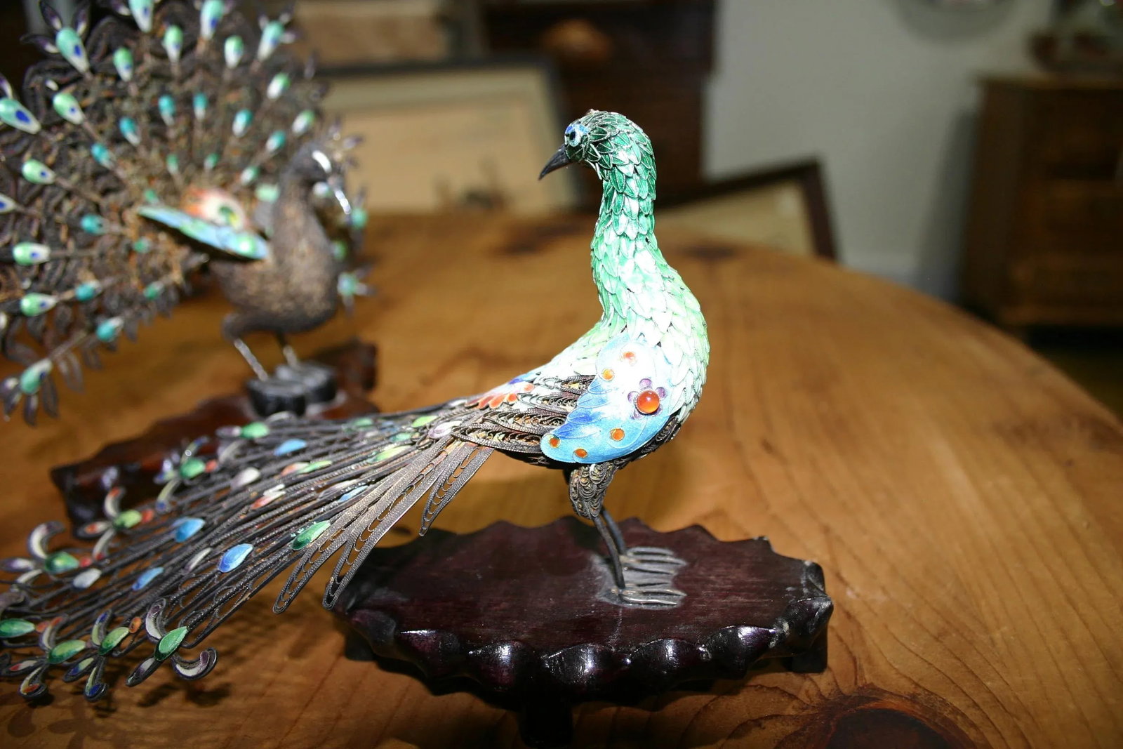 Pair of 1930s Chinese Silver and Gold Enameled Peacocks - 5