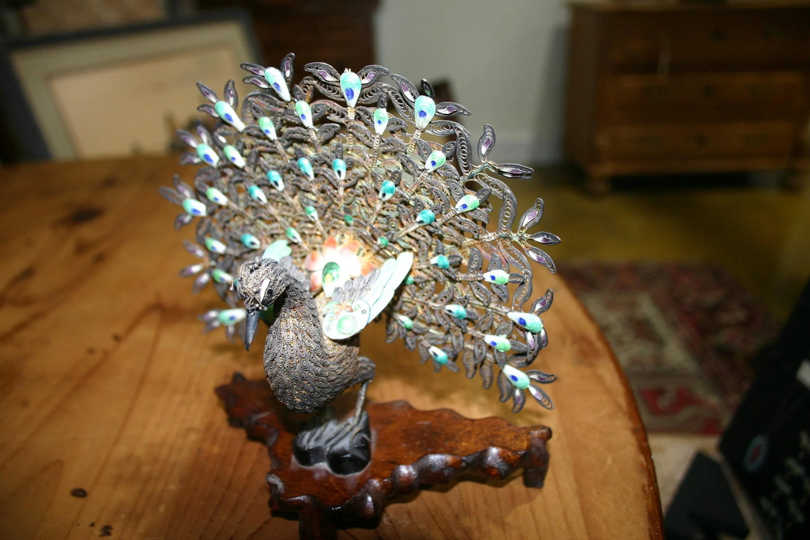Pair of 1930s Chinese Silver and Gold Enameled Peacocks - 7