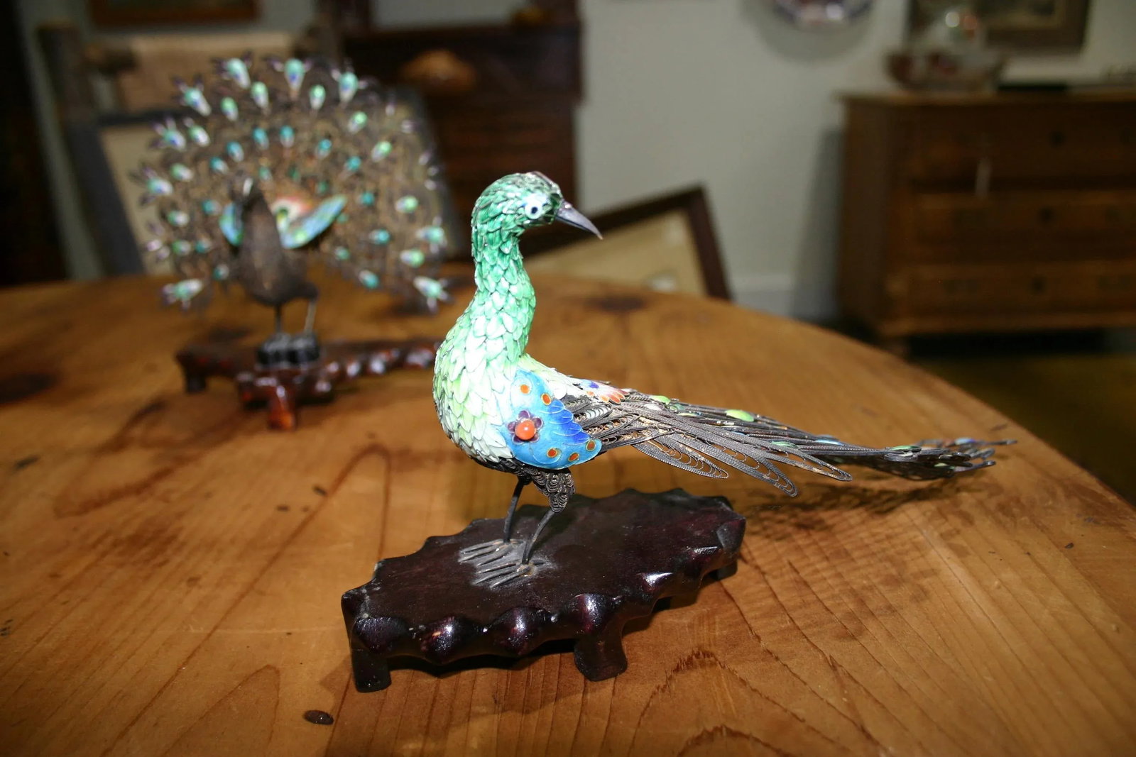 Pair of 1930s Chinese Silver and Gold Enameled Peacocks - 8