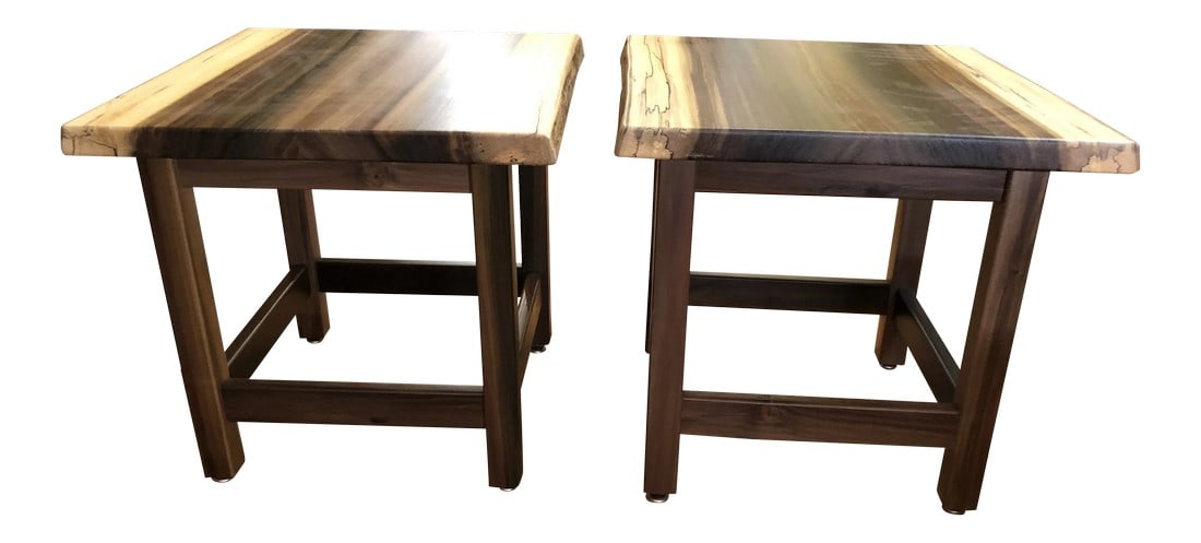 Artisan Made Amish Custom Poplar End Tables -A Pair: A beautiful pair of gorgeous grained poplar end tables having live edges and simple classic design. Condition: Imperfections: No Imperfections Condition Notes: Good. Wear consistent with age and use.