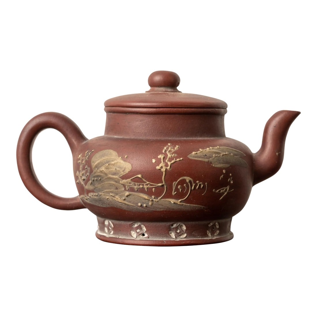 Yixing Teapot, Qing, c.1900: A Yixing teapot, Qing Dynasty, circa 1900. 6 Â¾ inches wide by 4 Â¼ inches deep by 3 Â¾ inches tall Condition: Alterations: Original Condition Unaltered Imperfections: