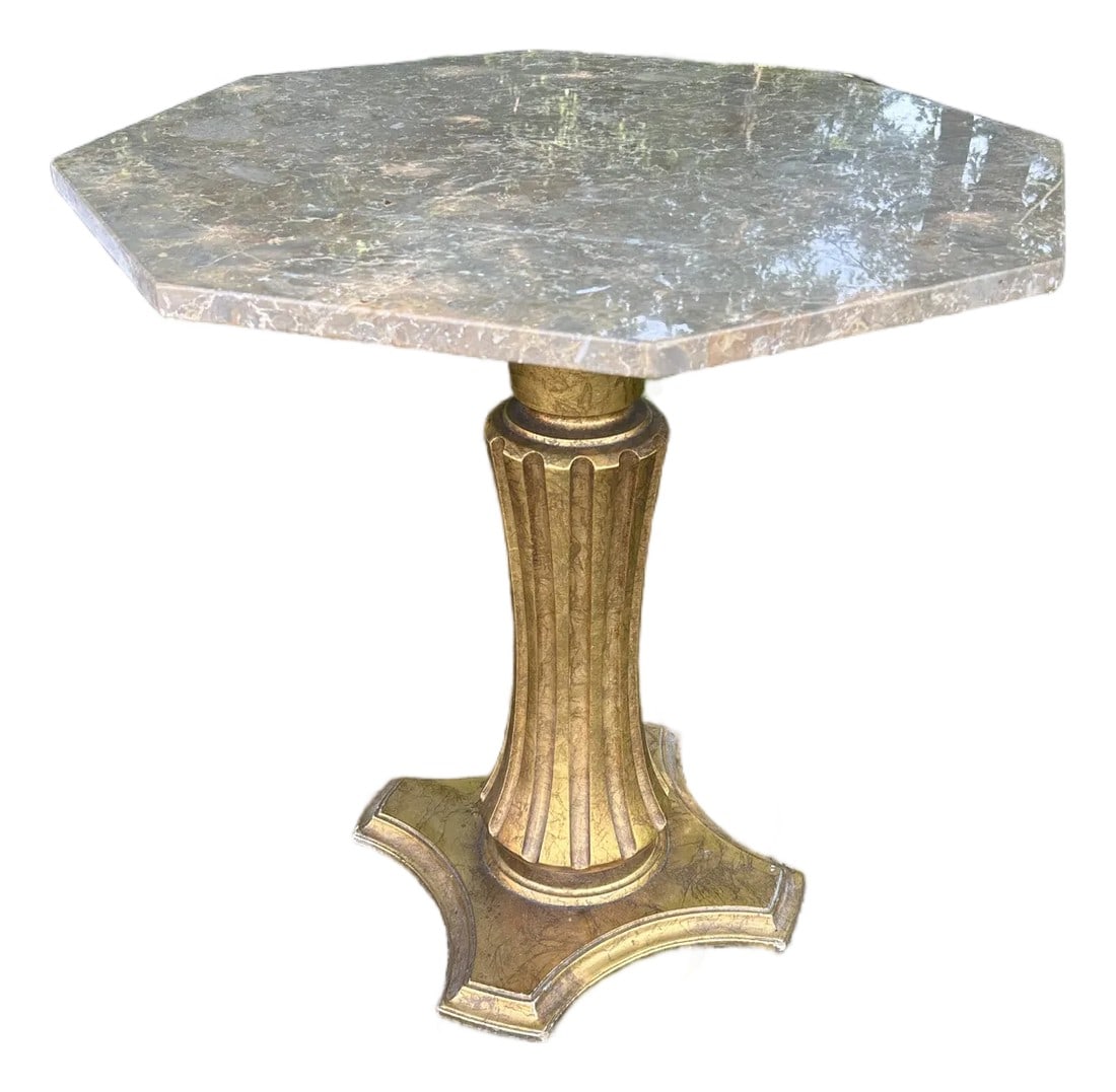 Marble Top Octagonal Side Table With Gilded Base: Elegant octagonal shaped marble top side table having neoclassical style gilded pedestal base. Condition: Alterations: Original Condition Unaltered Imperfections: Some Imperfections Condition Notes: