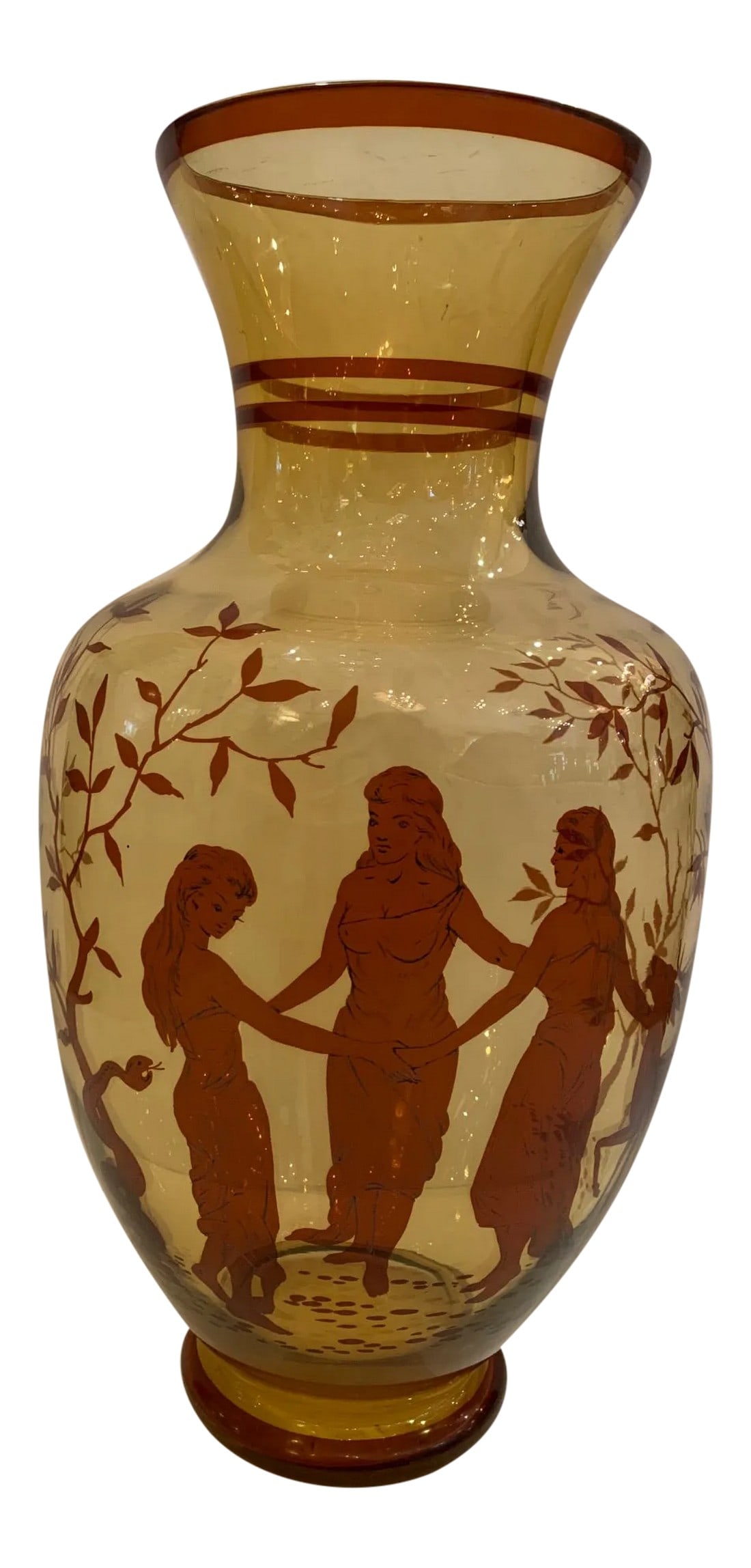 Amber Glass Vase With Hand Painted Figural Decoration: An eye-catching large vintage vase of amber colored glass, with 3 beautifully hand painted nymphs, a deer and serpent. Opening 7" diameter. Condition: Alterations: Original Condition Unaltered