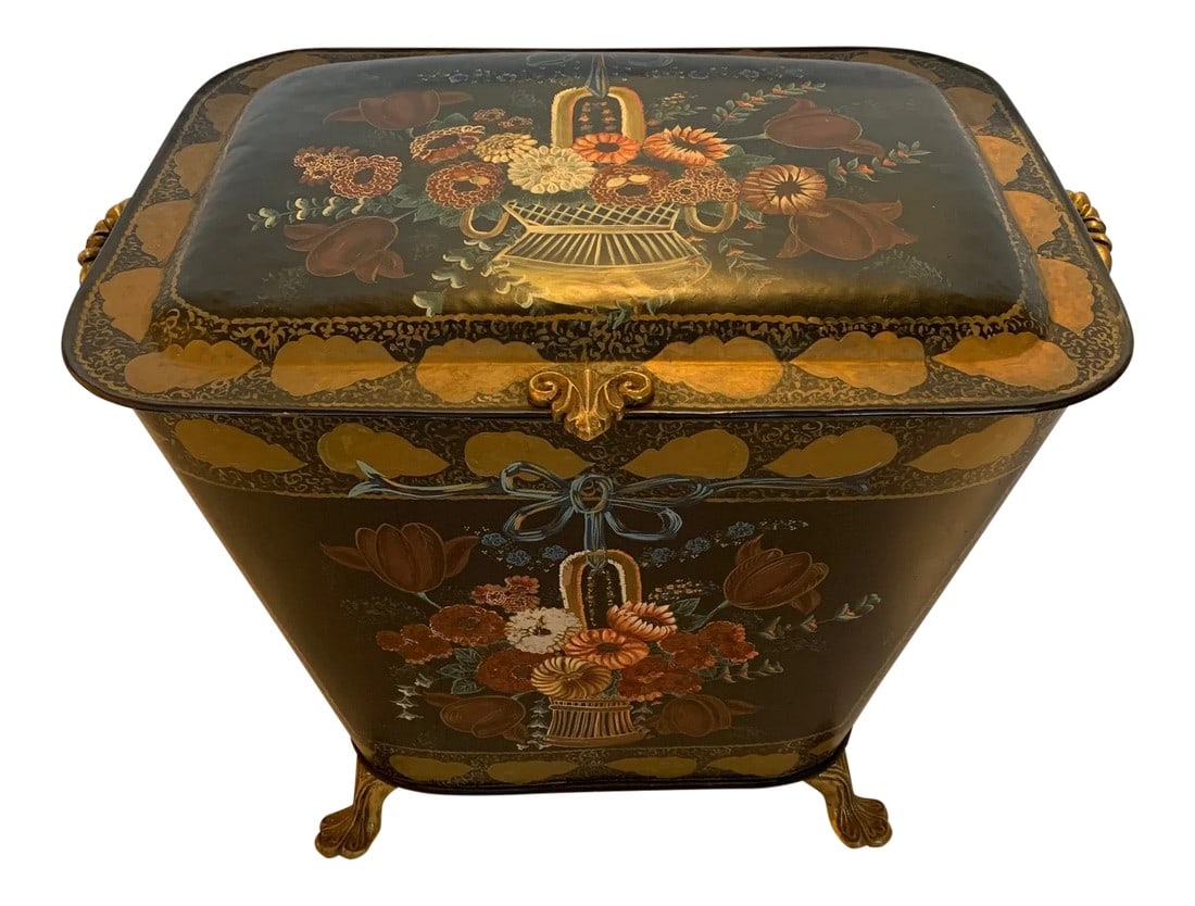 Antique French Tole and Brass Hand Painted Coal Scuttle: A wonderful vintage hand painted tole coal scuttle having black background and earth color floral decoration, very ornate brass handles and charming brass feet. Condition: Alterations: Original