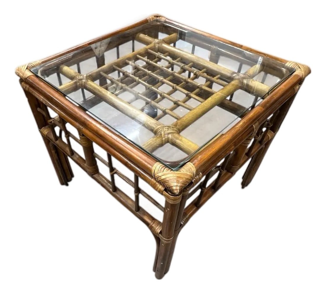 Vintage Coastal Bamboo Glass Top Side Table: Vintage glass top bamboo side table Measures 24" square x 21" h. Normal for age and use, sun fading in the center portion which is under the glass. Condition: Alterations: Original Condition Unaltered