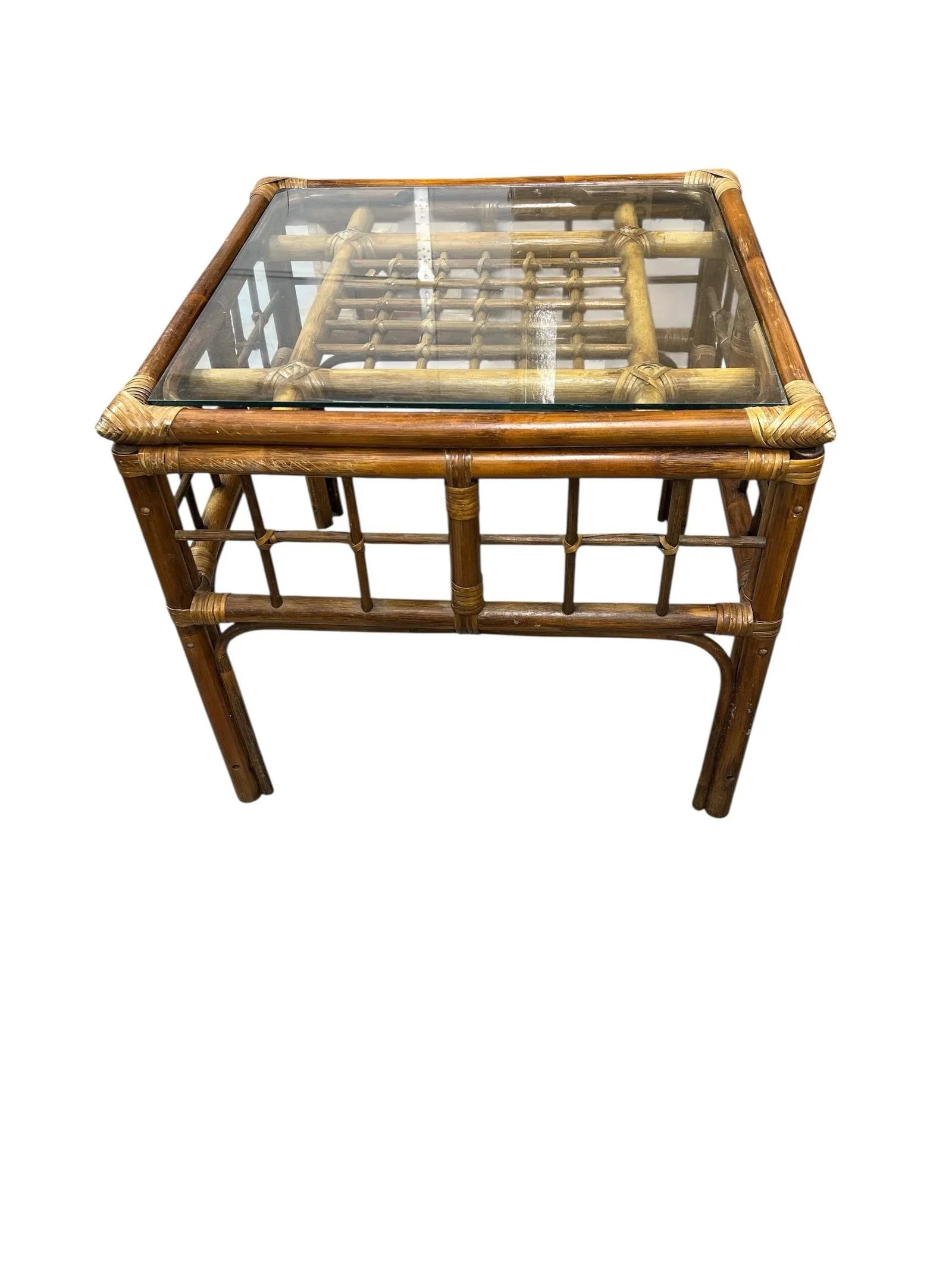 Vintage Coastal Bamboo Glass Top Side Table - 2