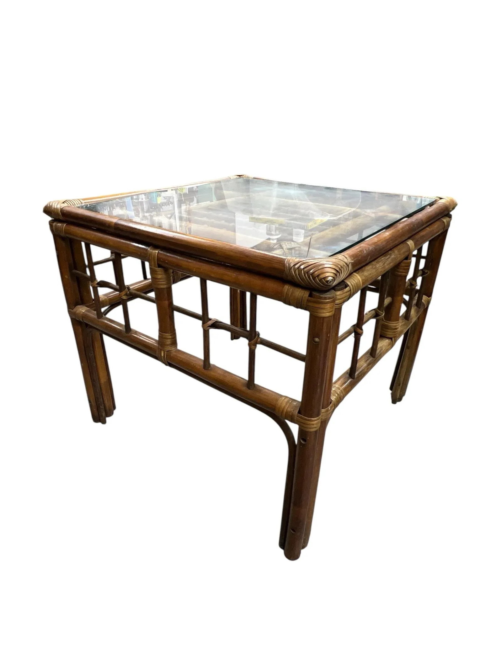 Vintage Coastal Bamboo Glass Top Side Table - 3