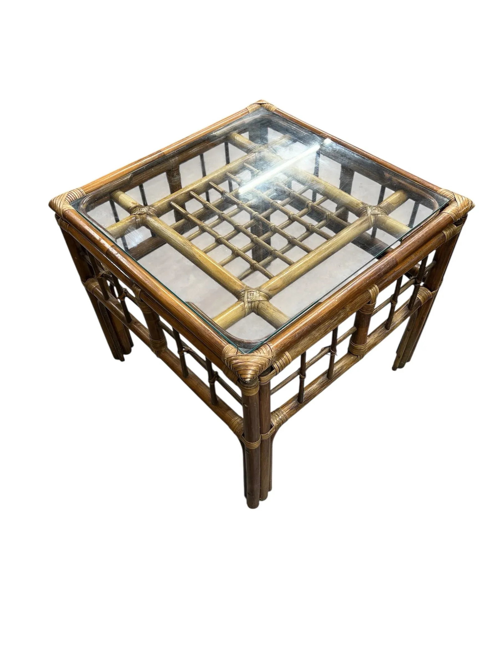 Vintage Coastal Bamboo Glass Top Side Table - 4