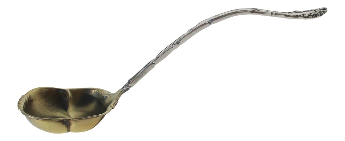 Sterling Silver Ladle With Vermeil Bow Towle Silversmiths Ca.1892: Ladle with a vermeil bowl by Towle Silversmiths. Pattern Old English Pat 1892. The size is 6.2" long and 1.6" wide. the weight is 16.2 dwt. Monogrammed E.V.B. to the handle and marked to the back by t
