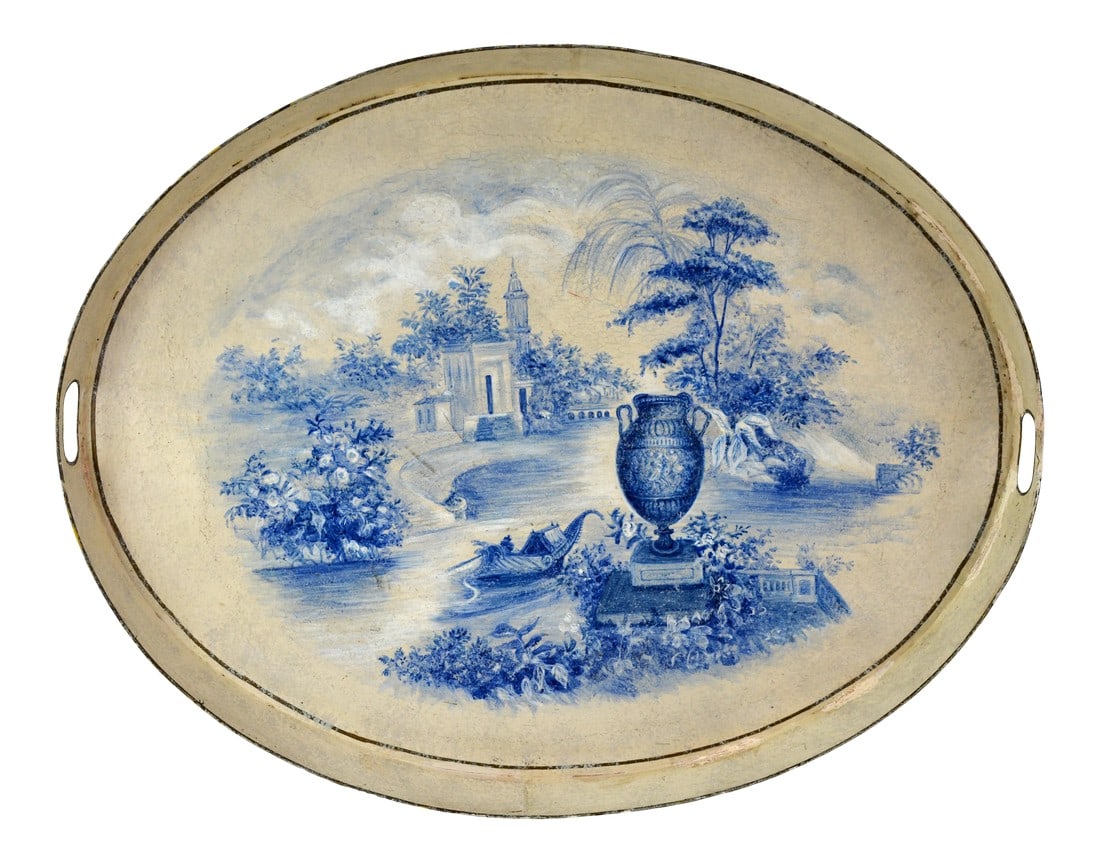 Vintage Prussian Blue Painted Landscape Oval Decorative Plate./Tray: vintage Prussian blue painted landscape oval decorative plate.The artist painted a group of English houses and gardens, rivers, and a ship with a dragon head on a white background. The artist drew a