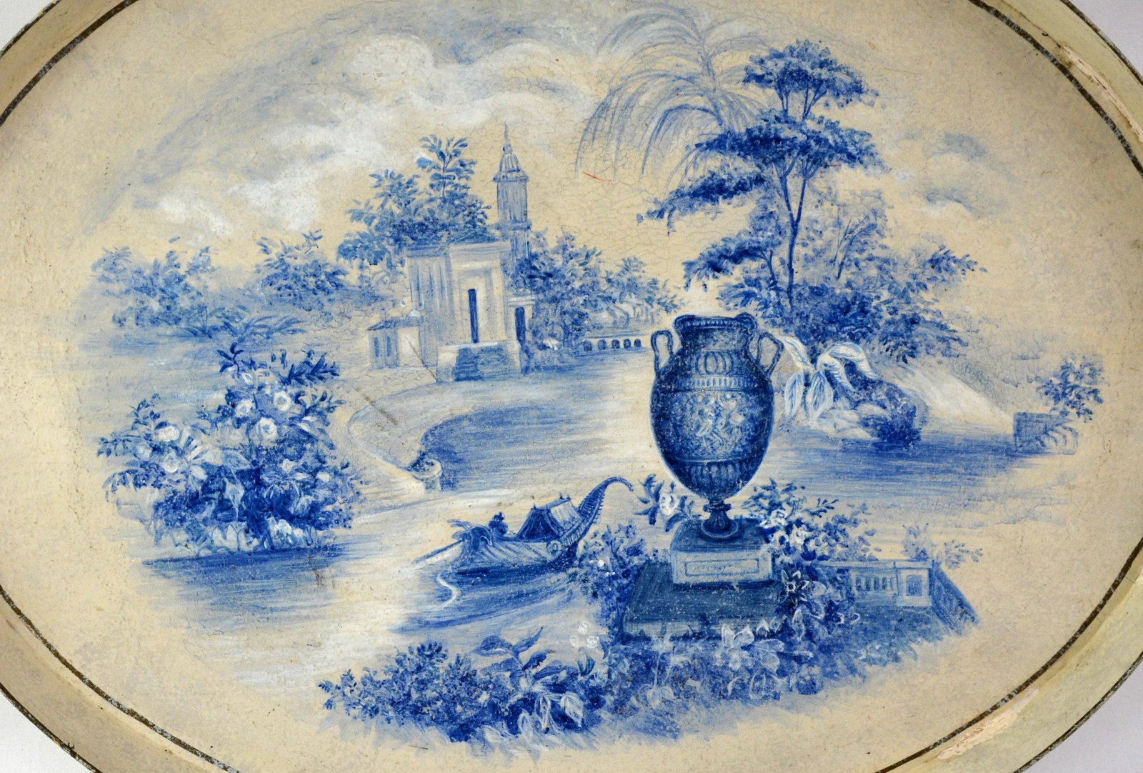 Vintage Prussian Blue Painted Landscape Oval Decorative Plate./Tray - 2