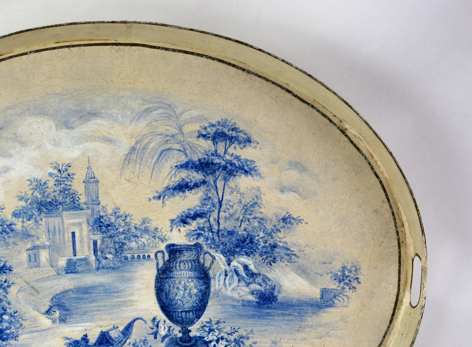 Vintage Prussian Blue Painted Landscape Oval Decorative Plate./Tray - 3