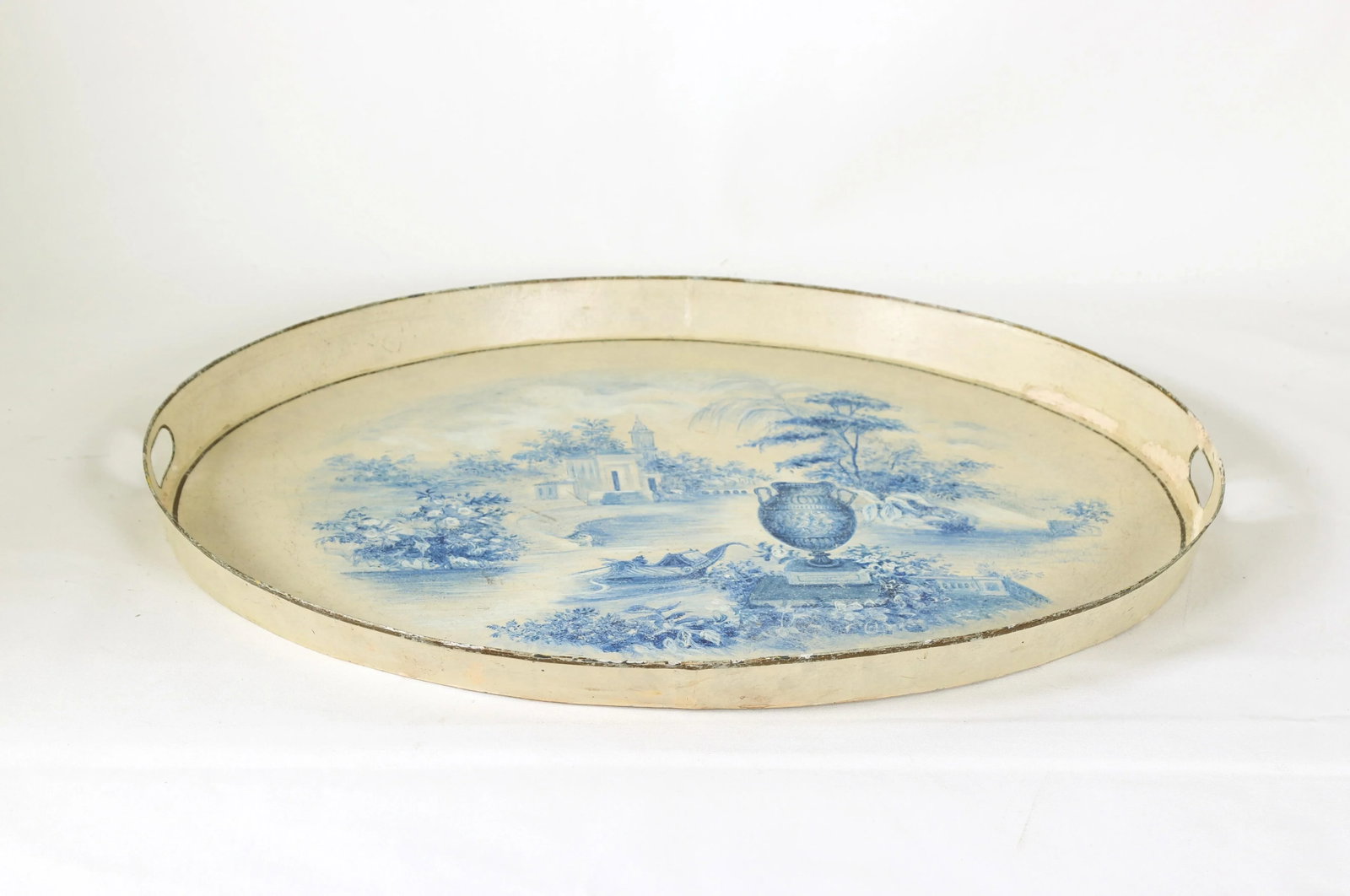 Vintage Prussian Blue Painted Landscape Oval Decorative Plate./Tray - 4