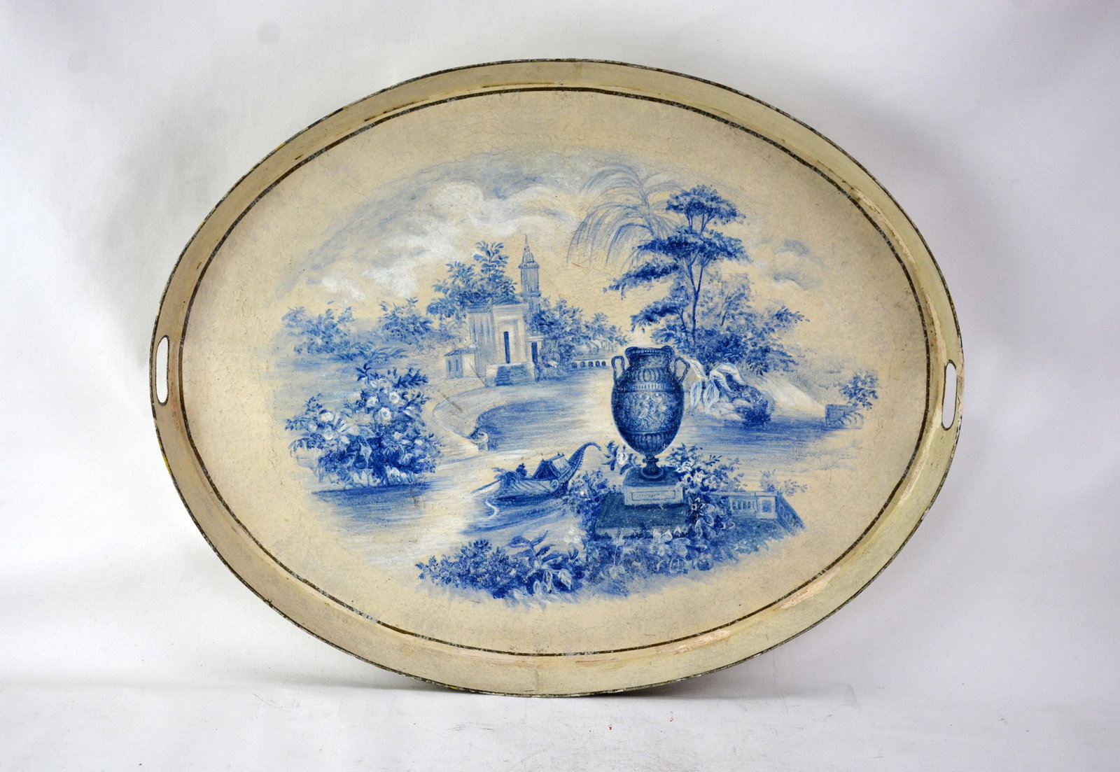 Vintage Prussian Blue Painted Landscape Oval Decorative Plate./Tray - 6