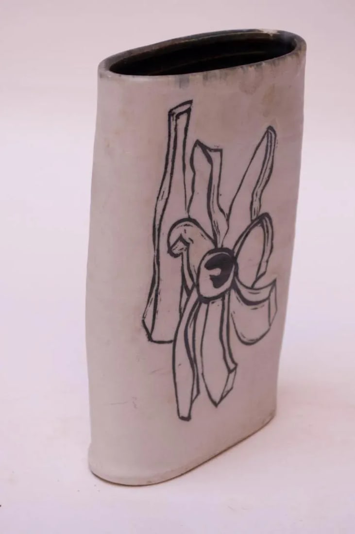 1976 Studio Stoneware Black and White Abstract Floral Vase Signed Pollack - 2