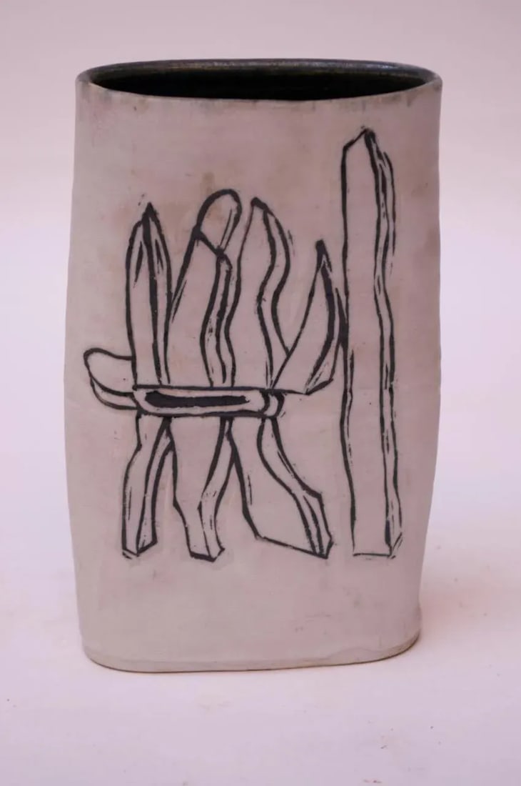 1976 Studio Stoneware Black and White Abstract Floral Vase Signed Pollack - 4