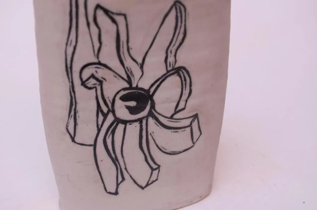 1976 Studio Stoneware Black and White Abstract Floral Vase Signed Pollack - 6
