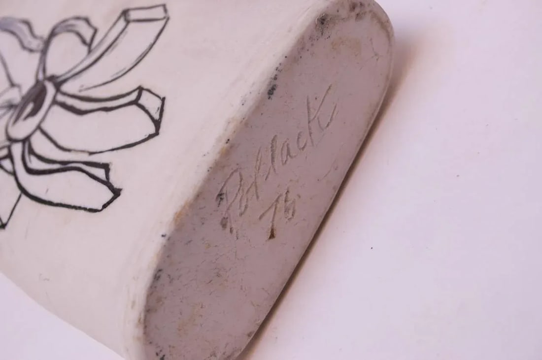 1976 Studio Stoneware Black and White Abstract Floral Vase Signed Pollack - 8