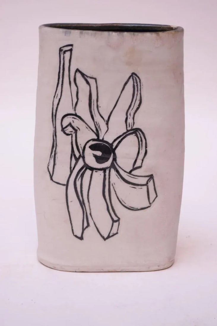 1976 Studio Stoneware Black and White Abstract Floral Vase Signed Pollack - 9