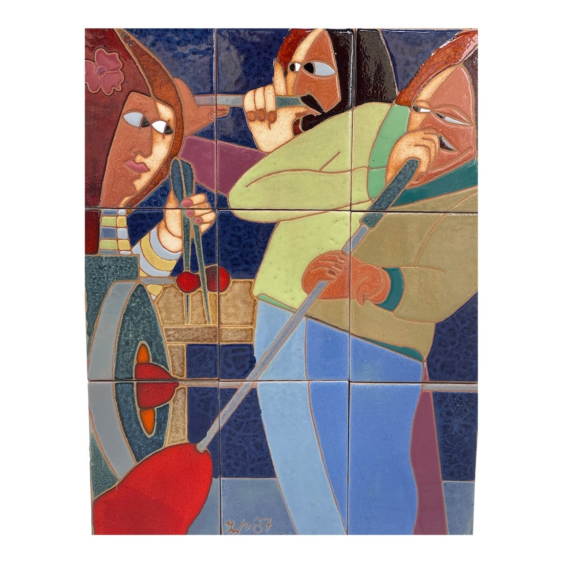 1990s "The Glassblowers" Ceramic Mosaic by Guillermo Wagner Granizo: The Glassblowers is by Guillermo Wagner Granizo who was one of the world's premier ceramic-tile muralists. His bright colors, geometric shapes, heavy lines, and varying textures created in his