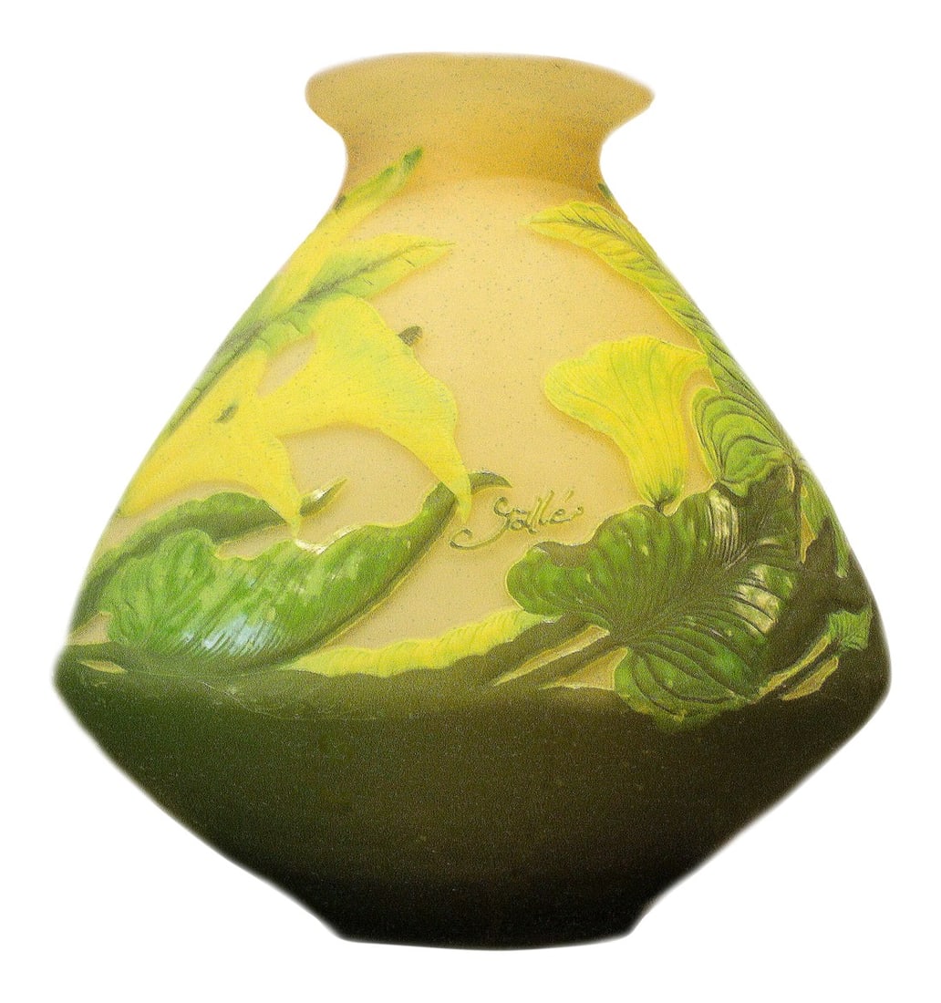 1900's Galle Cameo Glass and Enameled Vase With Lilies: Here is the gorgeous French cameo glass green and yellow floral vase with lilies and leaves produced by Galle. Condition: Alterations: Original Condition Unaltered Imperfections: Some Imperfections