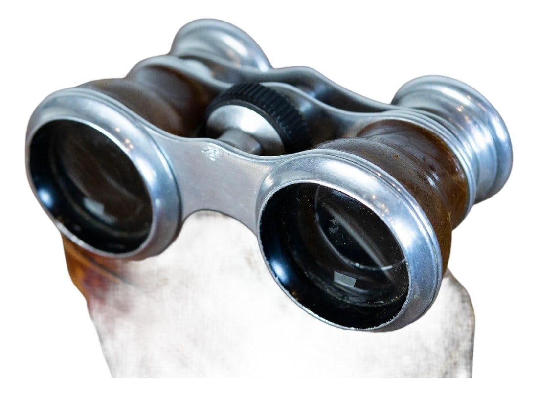 Swedish 20th Century Pair of Theater Binoculars With Leather Case: This elegant pair of early 20th-century Swedish theater binoculars blends polished aluminum and richly textured leather, offering both refined craftsmanship and functionality. Designed for opera,
