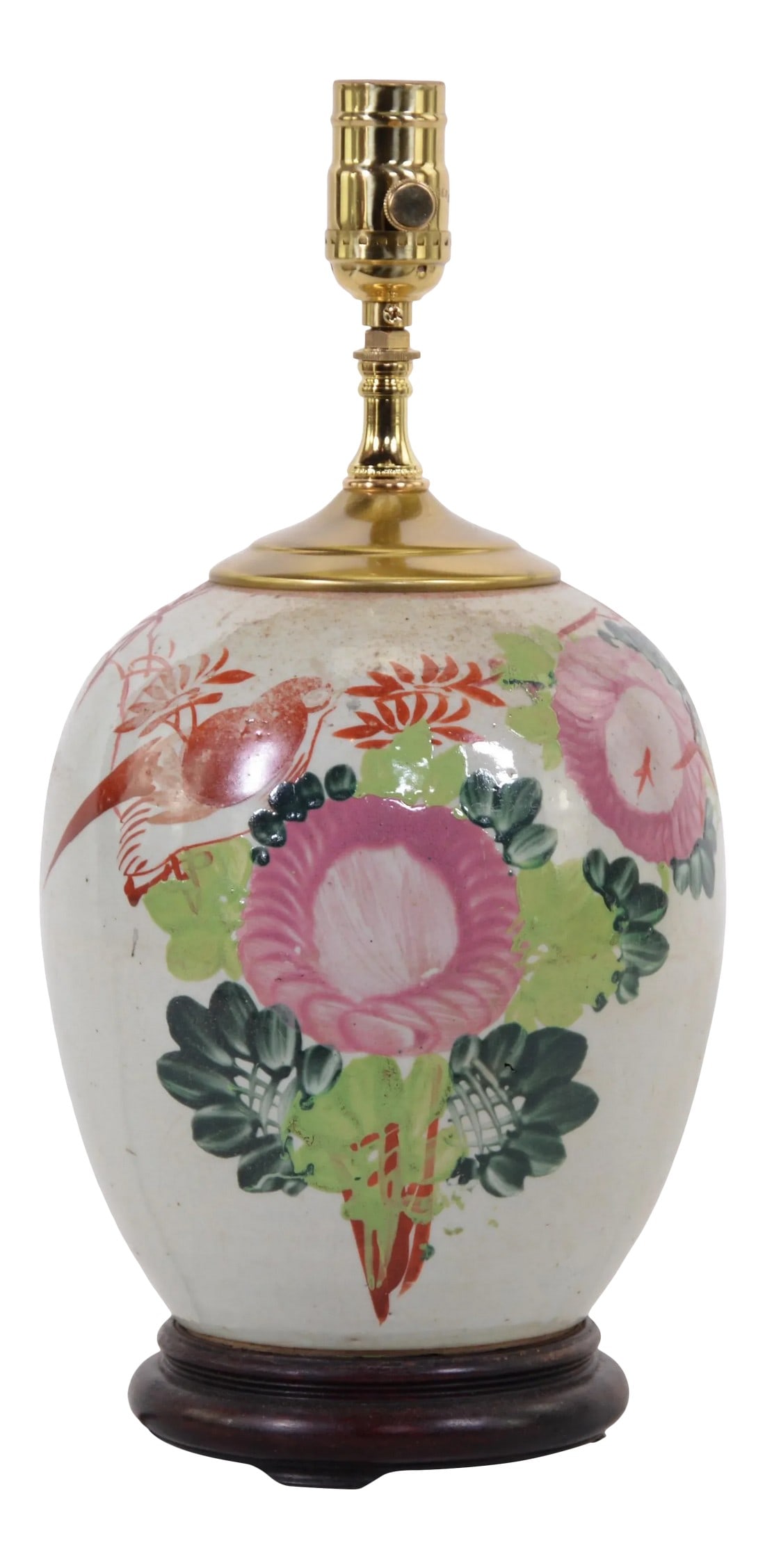 20th Century Chinese Famille Rose Jar Table Lamp: 19th Century Chinese Famille rose jar Table Lamp with bird, assorted flowers. Condition: Alterations: Original Condition Unaltered Imperfections: Some Imperfections Condition Notes: In good condition 