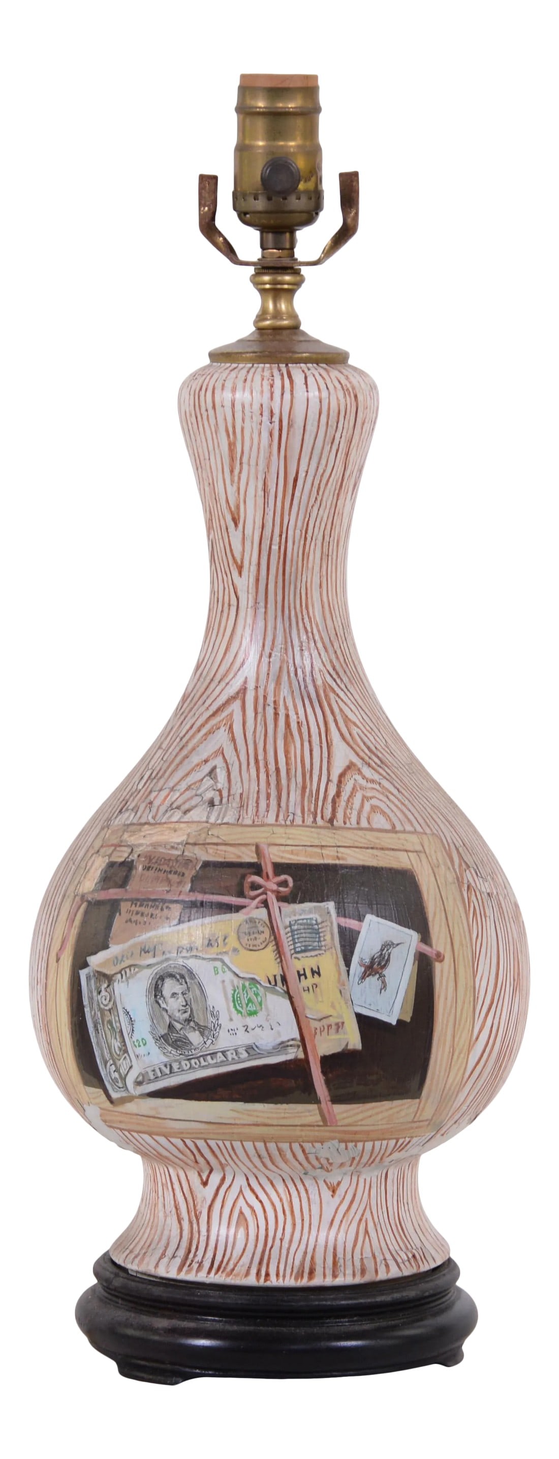 Vintage Hand-Painted Faux Wood & Trope Lo'il Design Vase Lamp: Vintage Hand-Painted Faux Wood & Trope Lo'il Design Vase Lamp with money & Condition: Imperfections: Some Imperfections Condition Notes: In good condition with some minor imperfections from age. Some 