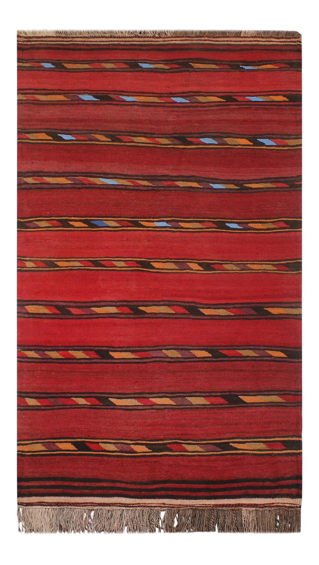 1960s Turkish Tribal Antique Kilim Red Blue Hand-Woven Area Rug: Add a touch of elegance to your home with this Vintage tribal Kilim rug. Constructed on a loom by Nomad Turkman people with hand spun wool and 100% Natural Vegetable dyes these beautiful rugs are
