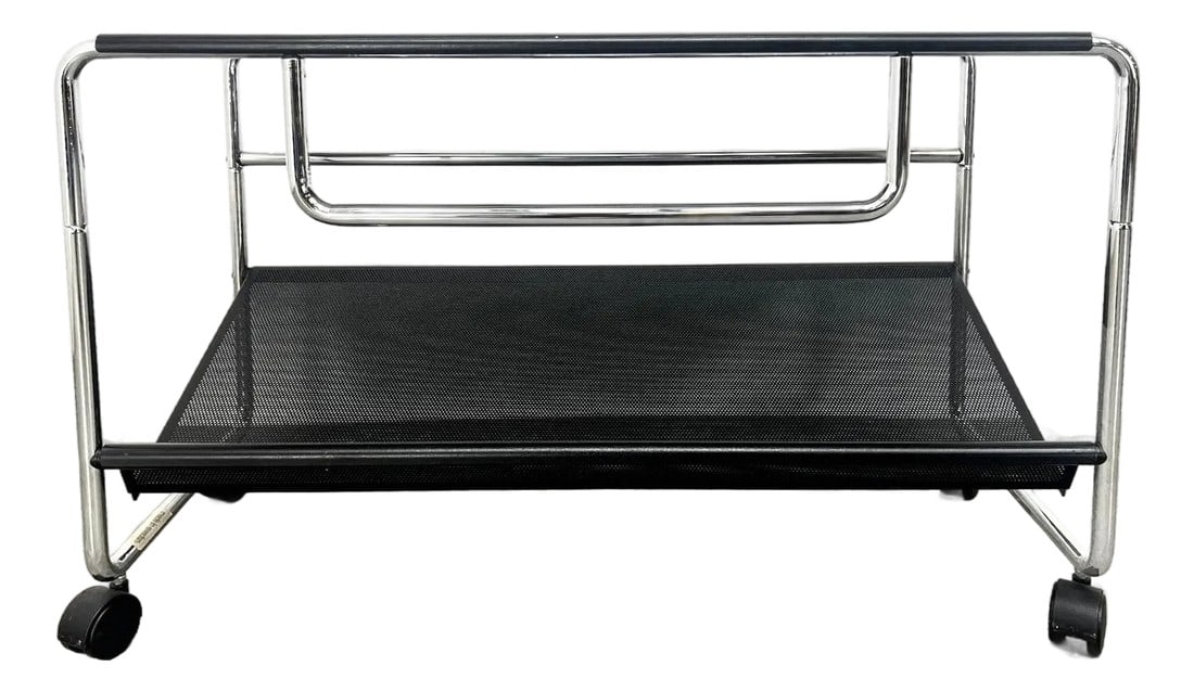 Swedish Modern Industrial Steel Rolling Low Self Table Shelving, 1970s, Labelled.: Swedish Modern Industrial Steel Rolling Etager Shelving, 1970s, Labelled. Removable/adjustable bottom shelf. Condition: Alterations: Original Condition Unaltered Imperfections: Some Imperfections