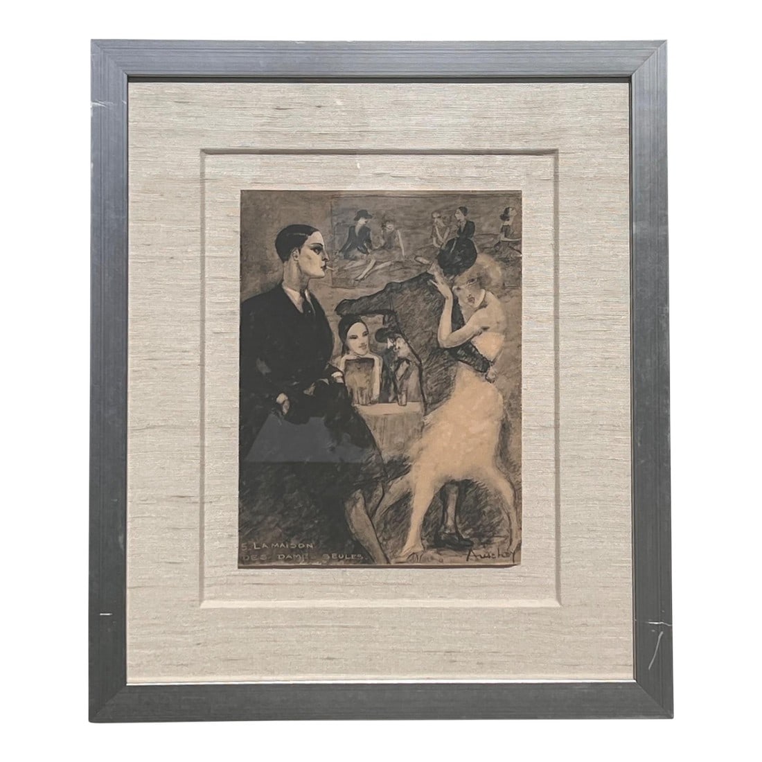 French Pochoir Lithograph "La Maison Des Dames Seules" by Jean Auscher, Circa 1925: Original 1925 pochoir lithograph by Jean Auscher (French, 1896–1950) titled "La Maison des Dames Seules" ("The House of Only Women"), from the rare folio "La Faune des Dancings." In this