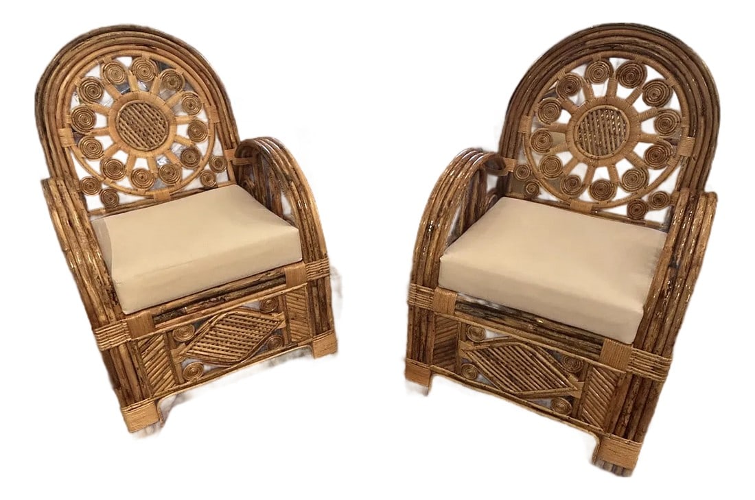 Large Lacquered Rattan & Bamboo Club Chairs -a Pair: Eye poppingly dramatic large lacquered rattan bamboo club chairs having ornate design that leave a lasting impression. Custom Sunbrella cushions. arm height 27.5 Seat height w/o cushion 16 Condition: