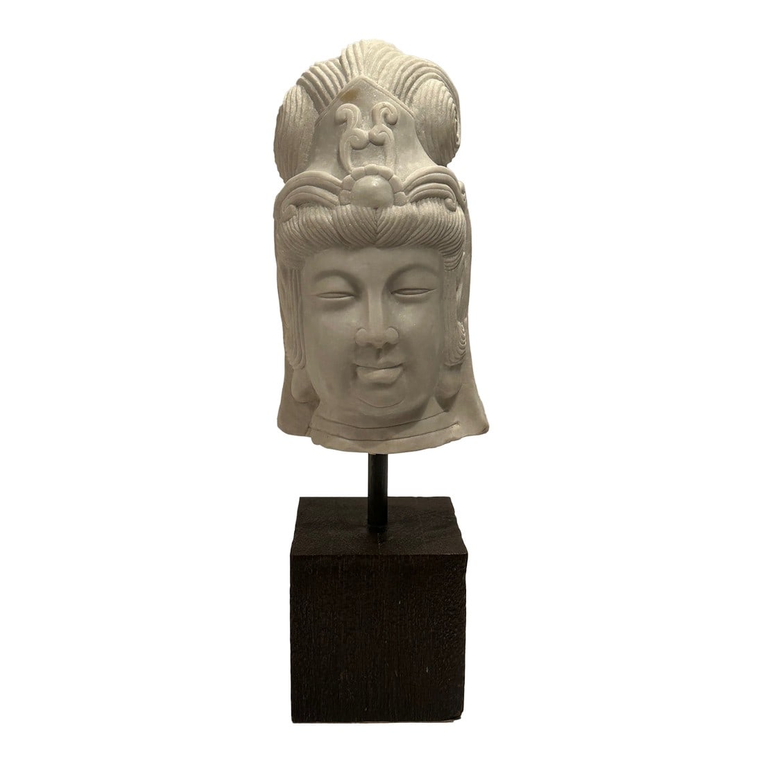 Carved Marble Bust of Quan Yin Figure on Custom Stand: Beautiful bust carved in marble of an ethereal Quan Yin goddess figure with lovely peaceful expression. On black custom stand. Condition: Alterations: Original Condition Unaltered Imperfections: Some 
