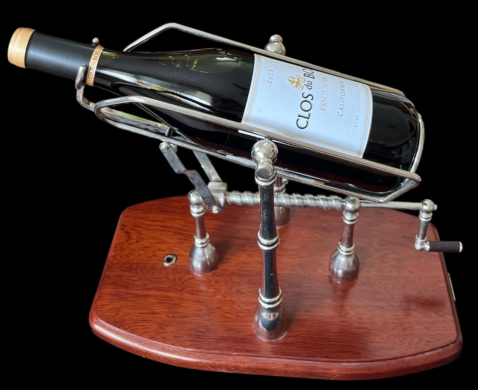 1990s Gattorna Argentina Mechanical Wine Pourer & Decanting Cradle – Nickel With Wood Base - 2