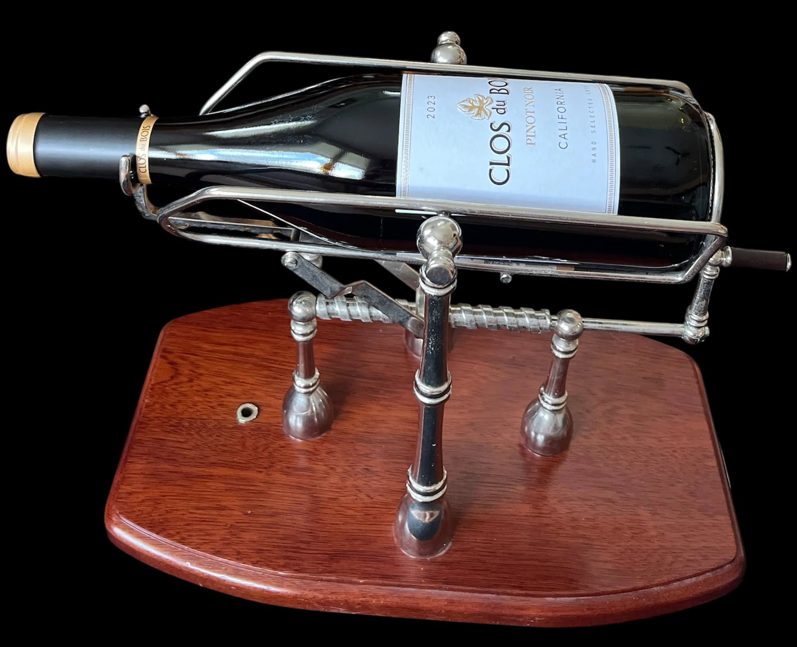 1990s Gattorna Argentina Mechanical Wine Pourer & Decanting Cradle – Nickel With Wood Base - 3