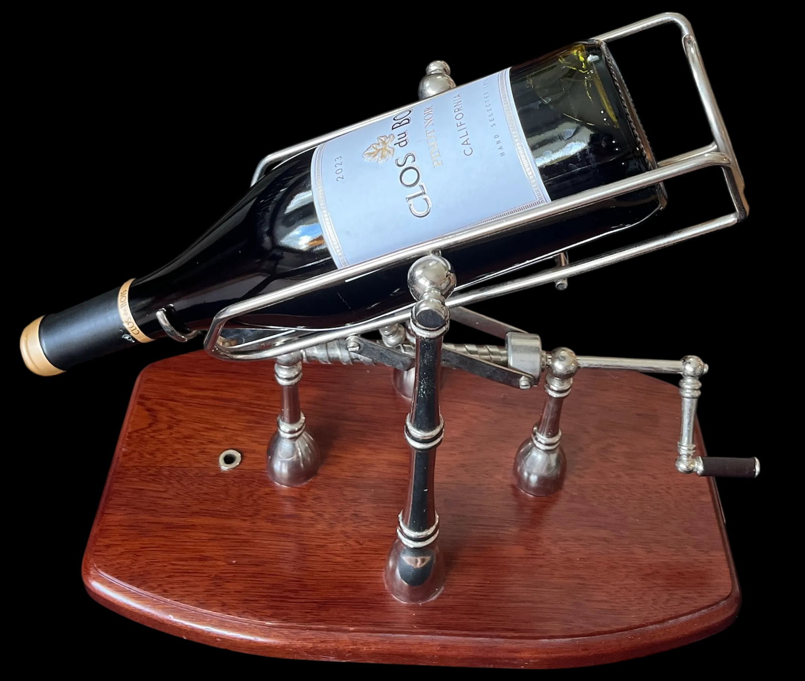 1990s Gattorna Argentina Mechanical Wine Pourer & Decanting Cradle – Nickel With Wood Base - 5