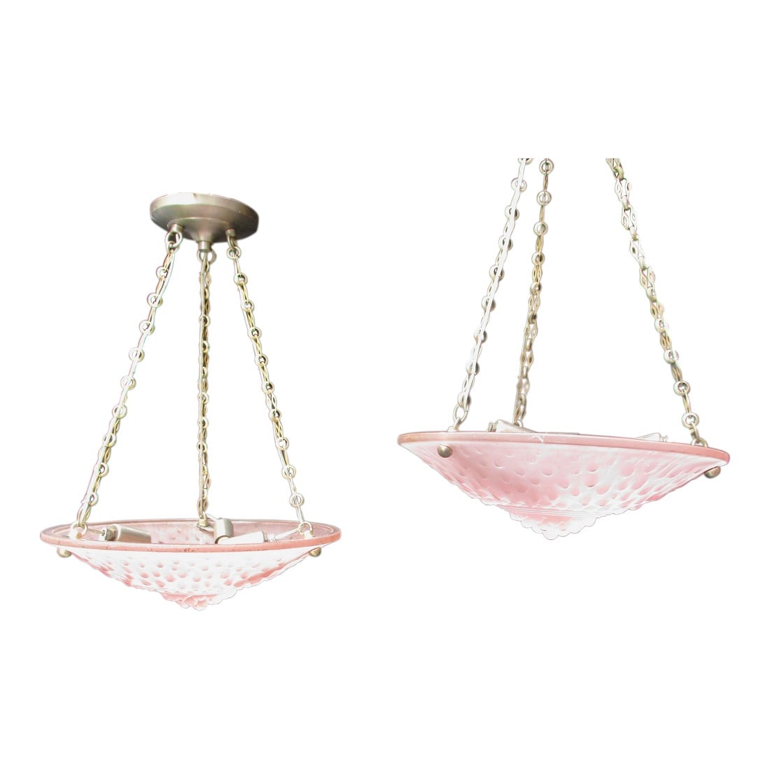 Muller Freres Art Deco Pink Satin Bowls- A Pair of 2: A beautiful pair of pink satin glass bowls by Muller Freres, signed to the face. Hung from a zinc-plated canopy with 3 decorative chains wired with electrical wires to the chandelier sockets inside